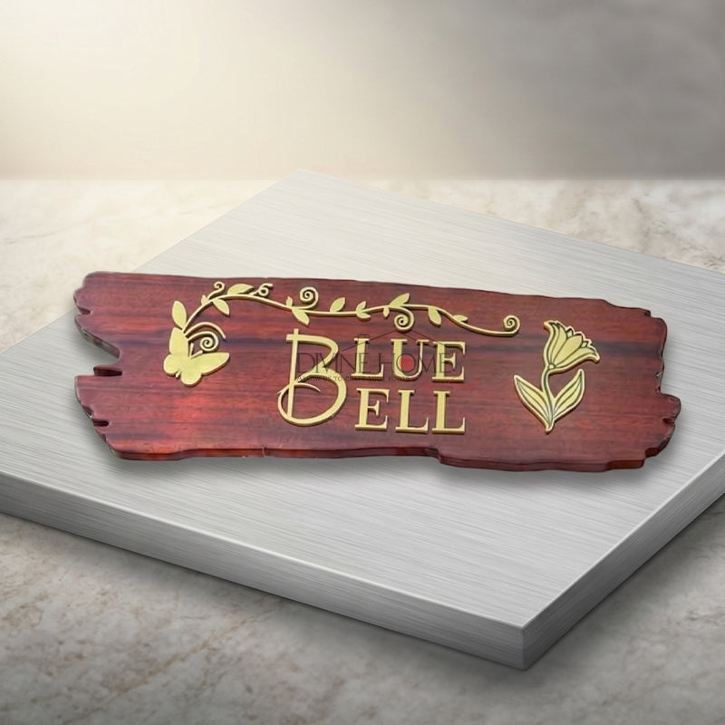 Personalised Teak Wood House Name Plate – Natural Edge Floral Carved Sign (Outdoor Waterproof)