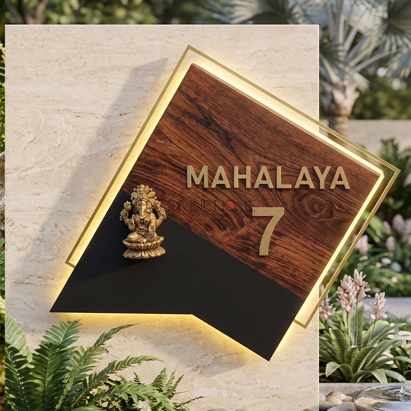 Luxury Personalised Teak Wood House Name Plate – LED Backlit Acrylic Sign with 3D Ganesha (Modern Premium Design)