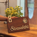 Personalised Teak Wood House Name Plate with Number – Modern Hindu Design with Gold Lettering (Outdoor Waterproof)