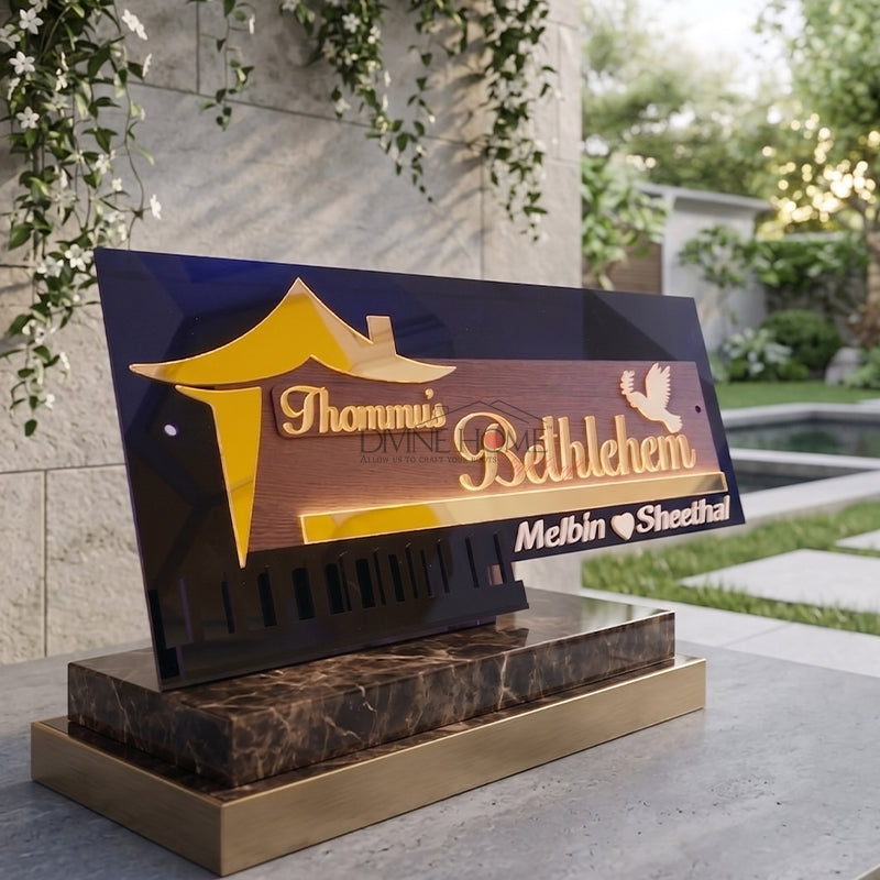 Luxury Personalised House Name Plate – Acrylic & Aluminium Layered Sign with Gold Letters (Modern Premium Outdoor Design)