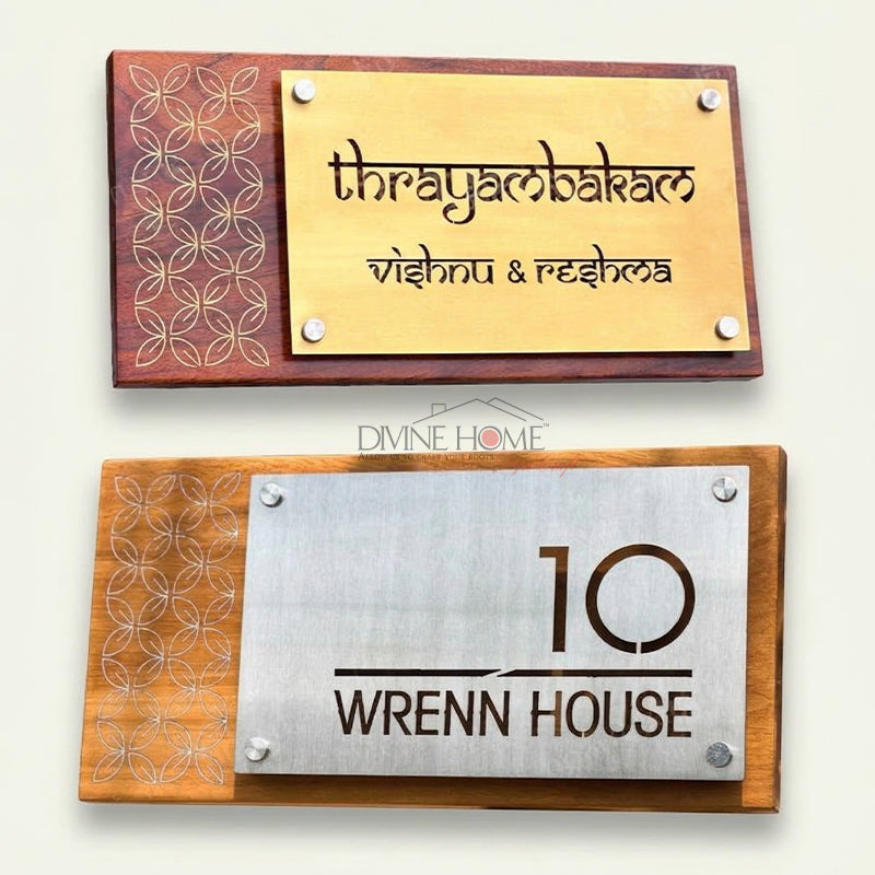 Personalised Teak Wood & Stainless Steel House Name Plate – Modern Metal Overlay Design (Outdoor Waterproof)