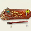 Personalised Teak Wood Name Plate with Peacock & Flute Design – Handcrafted Decorative Entrance Sign (Outdoor Waterproof)