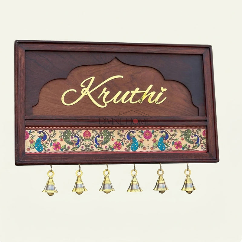 Personalised Teak Wood Name Plate with Brass Bells – Decorative Traditional Design (Outdoor Waterproof)