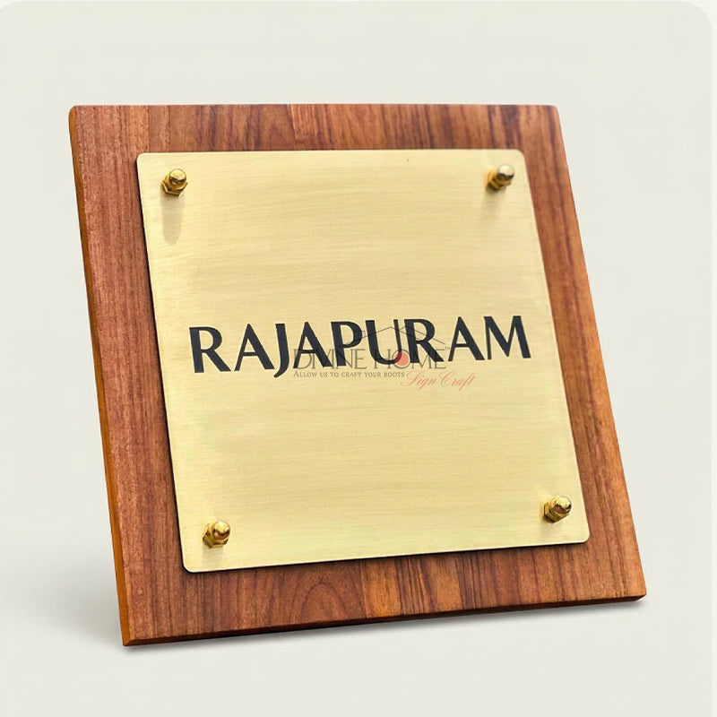 Personalised Teak Wood Name Plate with Titanium Gold Plate – Minimal Modern Design (Outdoor Waterproof)