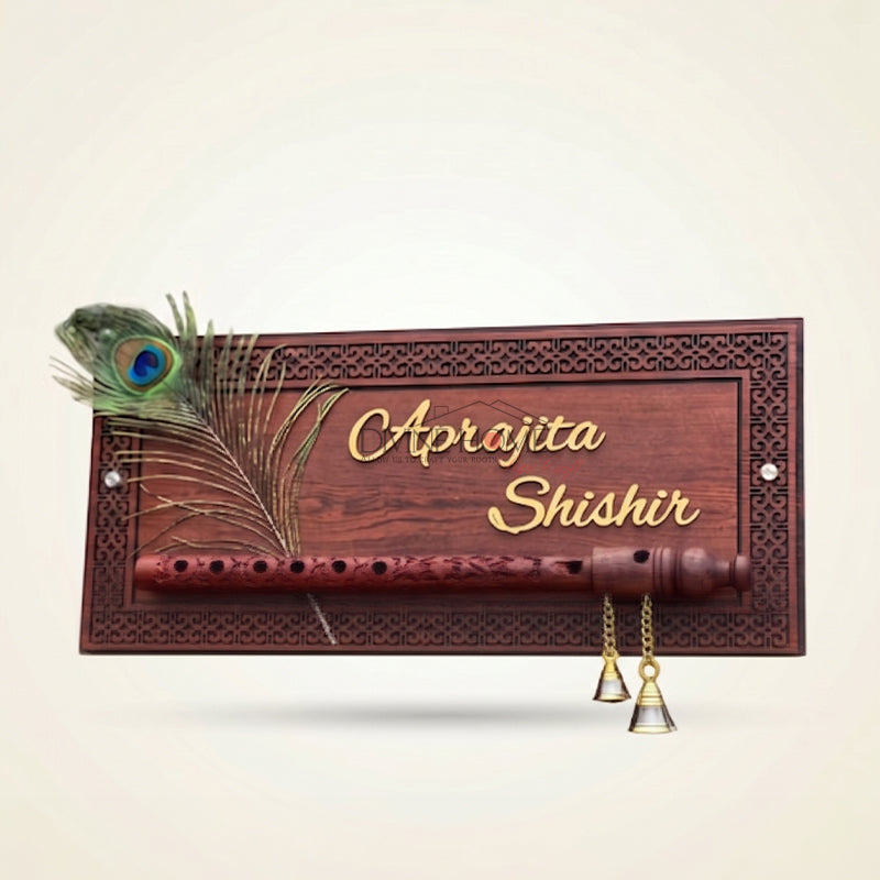 Traditional Wooden Name Plate with Flute & Brass Bells – Premium Decorative Outdoor Sign