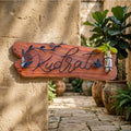 Rustic Teak Wood Name Plate with Iron Art & Planter – Handmade Outdoor Sign