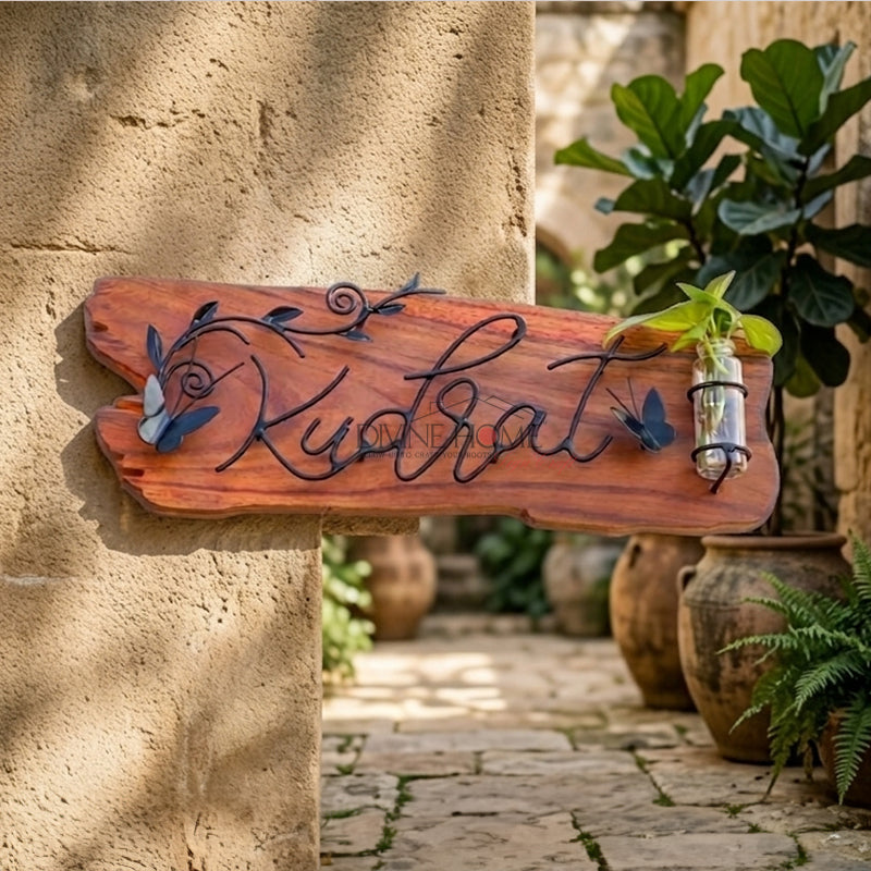 Rustic Teak Wood Name Plate with Iron Art & Planter – Handmade Outdoor Sign