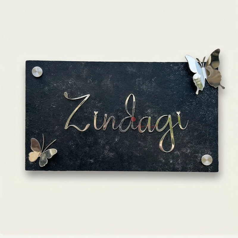 Textured Black Metal Name Plate with Stainless Steel Letters & Butterfly Accents – Premium Custom Sign