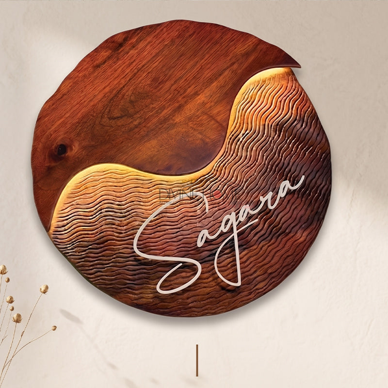 Premium Carved Wood Name Plate with LED Lighting – Artistic Round Custom Sign