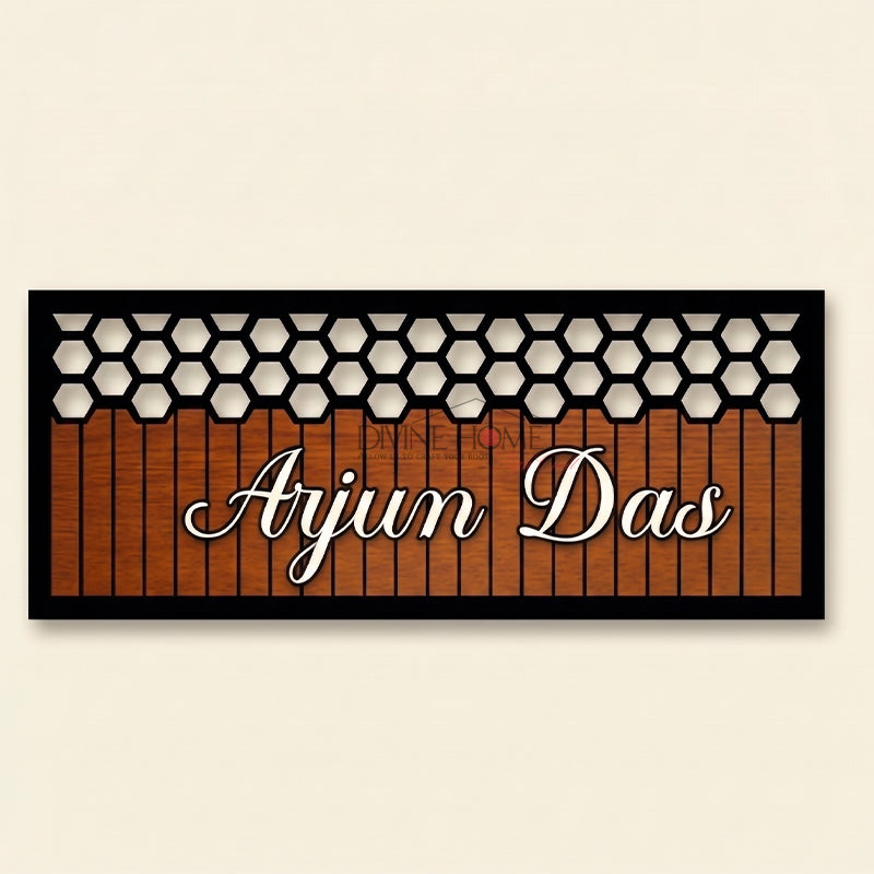 Honeycomb Design Acrylic Name Plate with Wood Texture Finish – Modern Custom Outdoor Sign