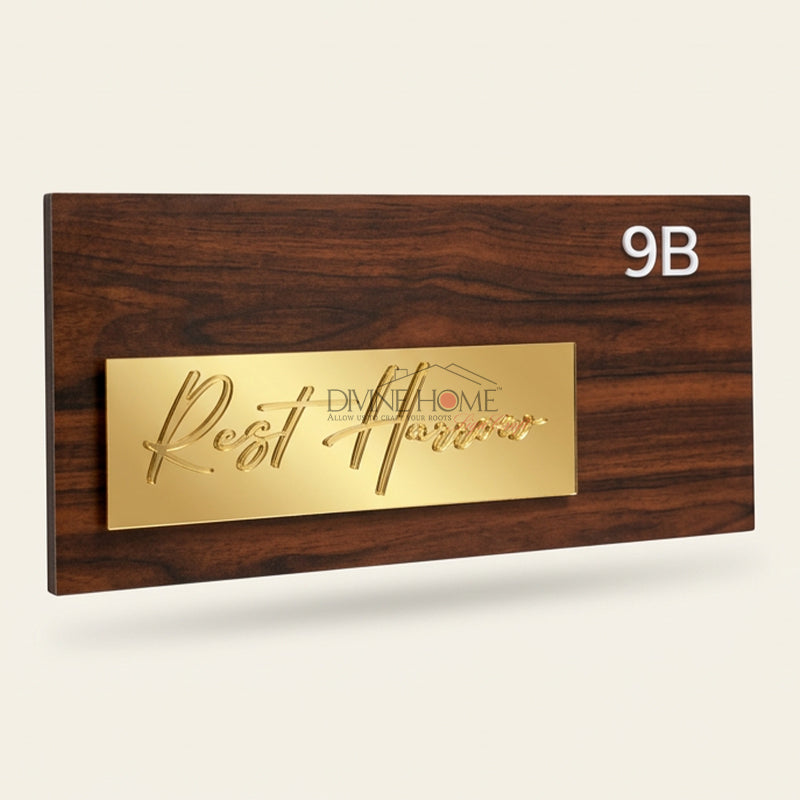 Wood Finish Aluminium Name Plate with Gold Accent Panel – Premium Custom Outdoor Sign