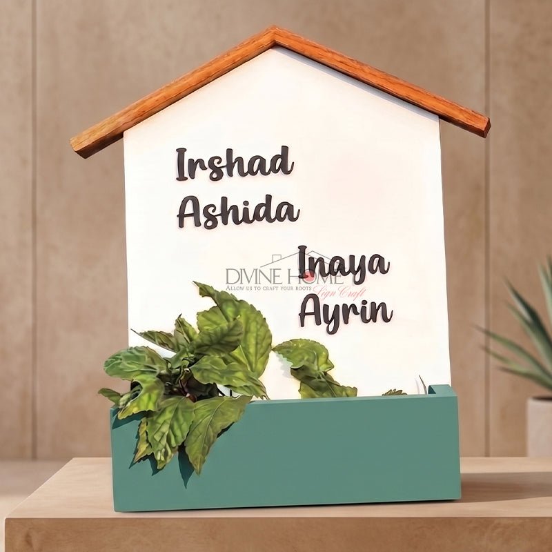 House-Shaped Name Plate with Planter Box – Premium Teak Wood Custom Outdoor Sign