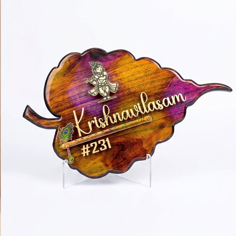 Artistic Teak Wood Name Plate with Krishna Design – Premium Custom Outdoor Sign