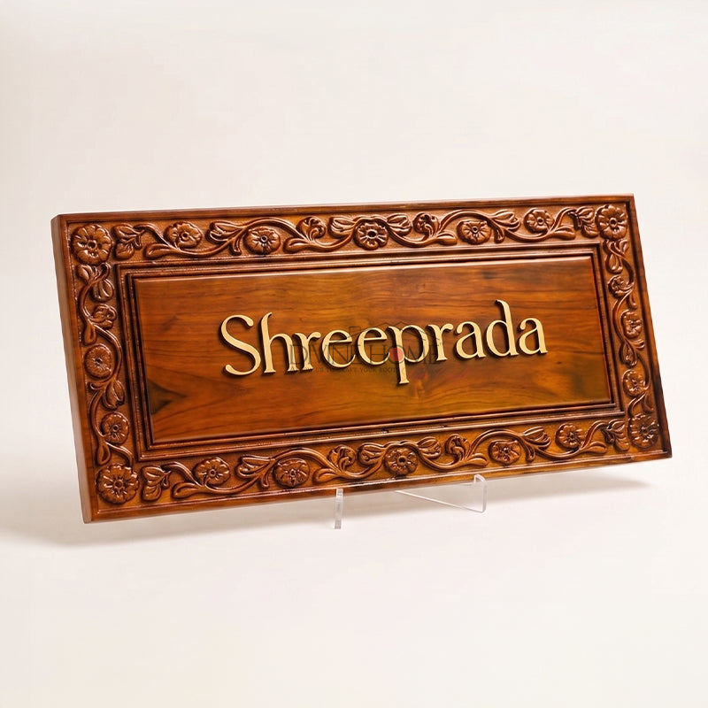Traditional Teak Wood Name Plate with Floral Carving – Premium Custom Outdoor Sign