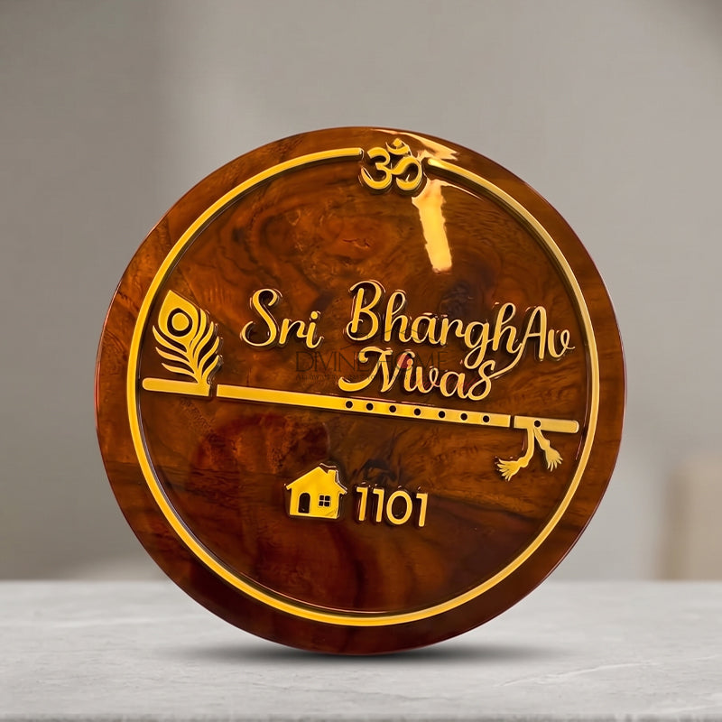 Round Teak Wood Name Plate with Gold Acrylic Design – Premium Custom Outdoor Sign